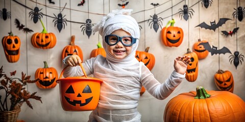 A cute child dressed as a mummy for halloween, holding a pumpkin bucket in front of a decorated background