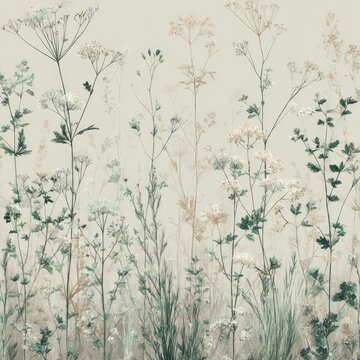 Fototapeta Pale, muted wildflowers in a field