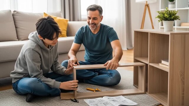 Happy Father and Son Assembling Flat-Pack Furniture Together at Home, Engaging in DIY Home Improvement Project, Family Bonding and Teamwork Concept