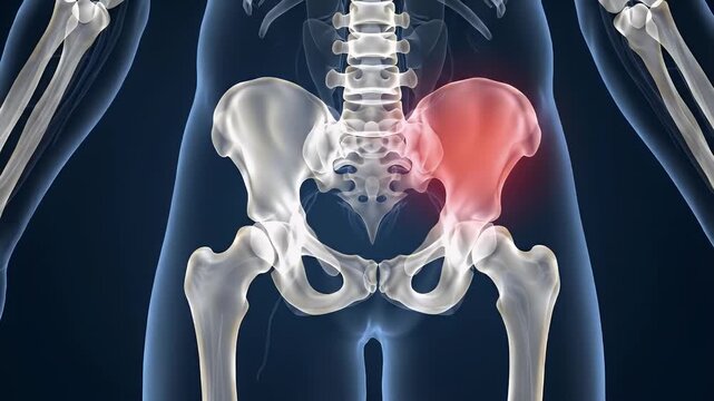 Anatomical illustration of a human pelvis with a highlighted area indicating pain or inflammation on the right side.