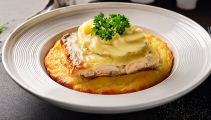delicious homemade fish pie with creamy sauce and mashed potato topping in a white ceramic dish concept of comfort food traditional cuisine and healthy eating