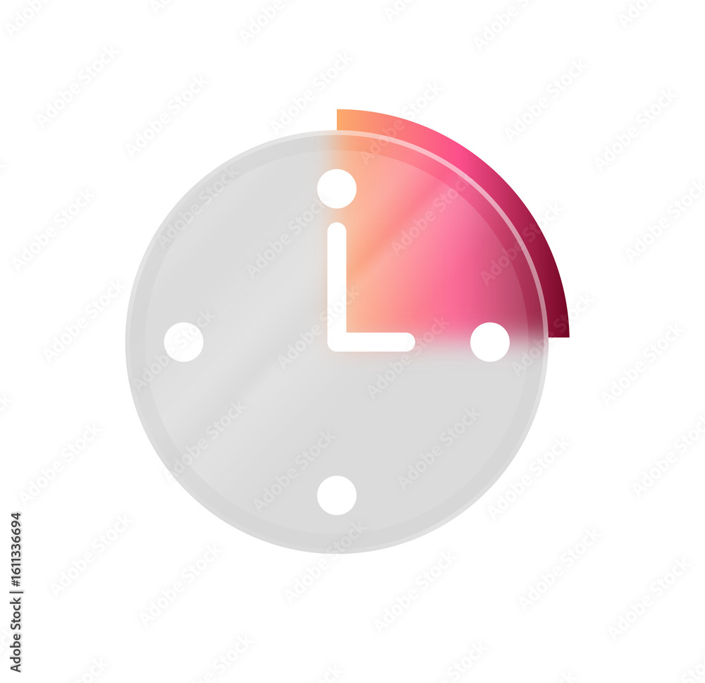 Poster abstract clock icon; gradient pink, orange, gray; modern minimalist design; time management concept;