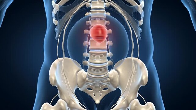 3D anatomical illustration of a human spine with highlighted lumbar region pain.