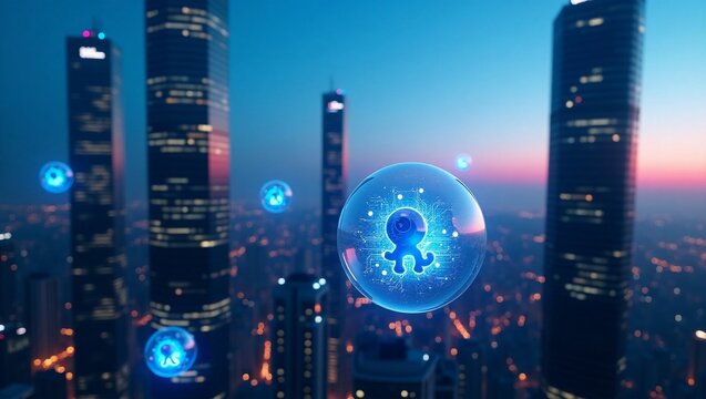 Futuristic Cityscape with Glowing Spheres and Digital Icons at Dusk, AI Concept