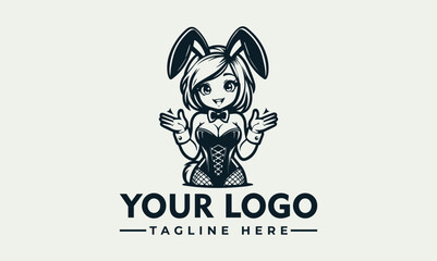 Playful anime bunny girl logo design,  featuring a stylized character in a corset and bunny ears, ready for customization.