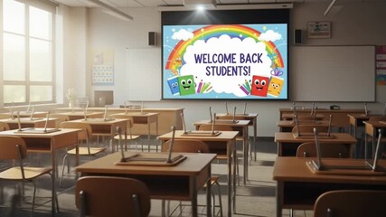 Empty classroom with desks and a screen welcoming students back to school.