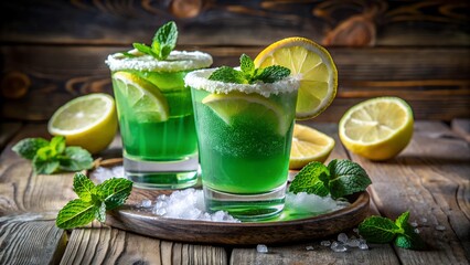 Two refreshing green cocktails with lemon and mint are served on a wooden tray with ice