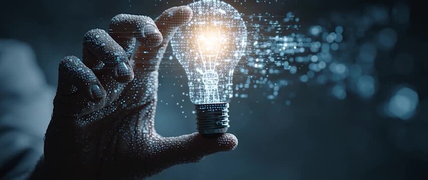 Anamorphic video hand holding a light bulb with a data, representing the power of artificial intelligence in driving creativity, innovation