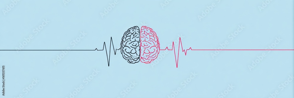 Poster minimal representation of a brain with heartbeat line overlay, designed for health-themed concepts a
