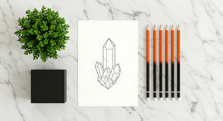 Flat lay of a small green plant a black box a white card with a black line drawing of a tulip and a row of orange pencils on a marble surface