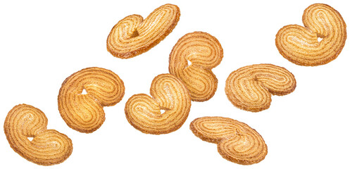 Falling french palmier cookies isolated on white background with clipping path