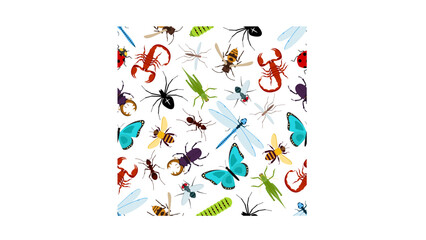 Vibrant insect pattern featuring colorful butterflies, spiders, ants, bees, and other bugs for nature-themed projects