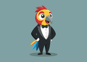 Colorful Parrot in Classic Tuxedo Whimsical Formal Bird Character Vector Art Design 