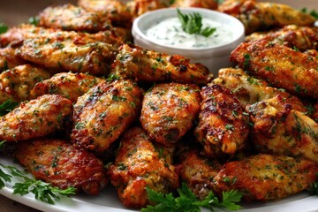 Crispy Garlic Herb Chicken Wings with Creamy Dipping Sauce on Platter