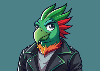 Edgy Parrot in Black Leather Jacket  Bold Tropical Bird Vector Illustration Design 