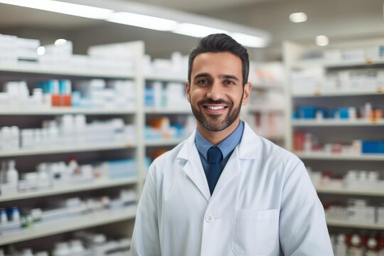Portrait of a smiling pharmacist working in a pharmacy or drugstore