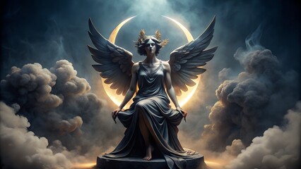 Fototapeta premium A celestial goddess with wings sits enthroned before a glowing moon in a mystical, atmospheric scene