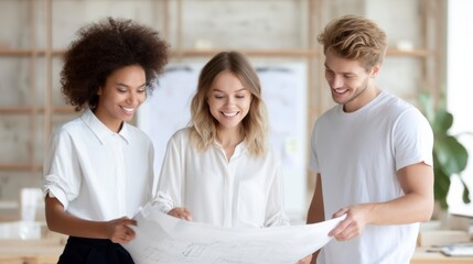 Three young professionals smiling and collaborating while reviewing architectural plans in a bright, modern office setting.