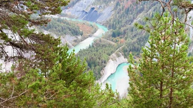 Magnificent view of the Rhine Gorge, also known as the Ruinaulta or &ldquo;Swiss Grand Canyon&rdquo;, from the &ldquo;Il Spir&rdquo; point near Flims. The Rhaetian Railway line from Chur to Illanz runs through the gorge.