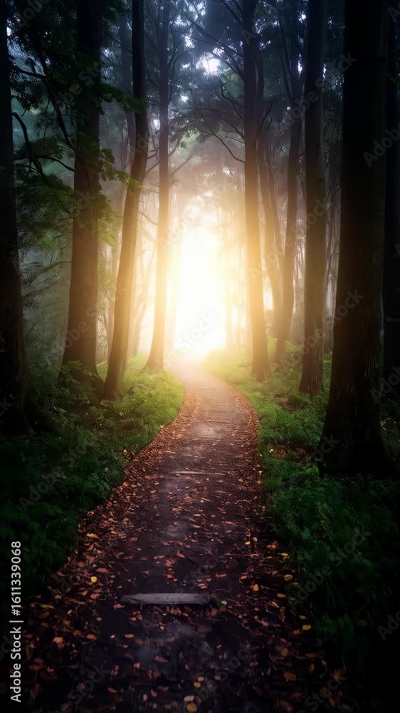 Poster pathway through a dense forest with tall trees leading to a bright light at the end with mist and fo