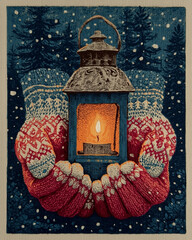 Hands in cozy patterned mittens hold a vintage lantern with a glowing candle in a snowy forest. A warm, festive Christmas illustration.