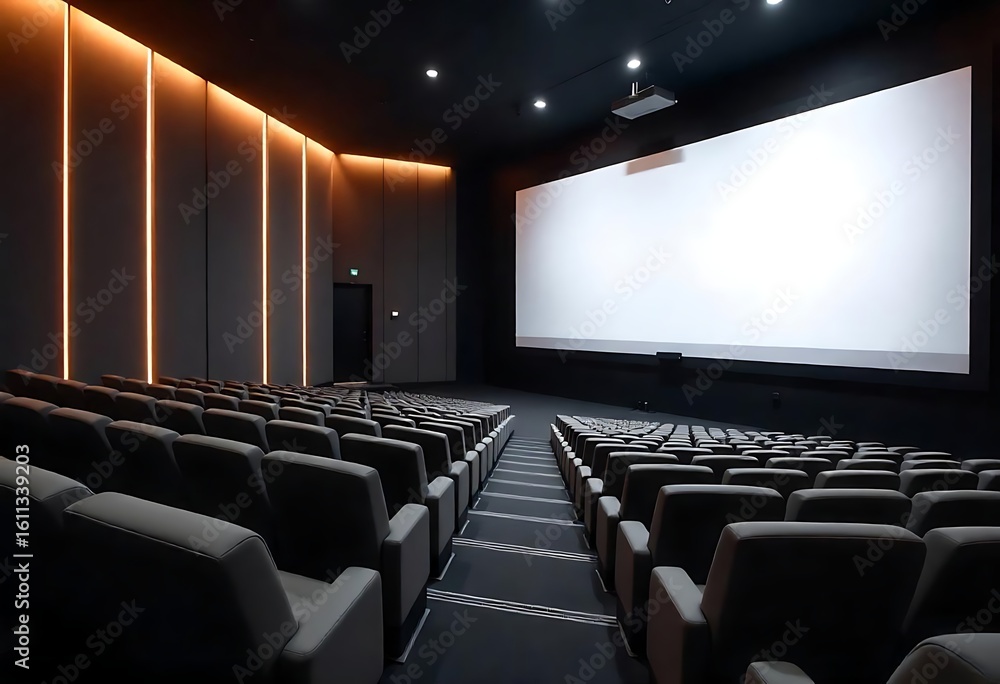 Poster generative ai rendering of a modern cinema interior with empty seats and large screen