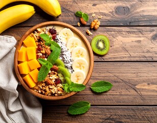 Smoothie bowl with granola and banana, mango, shaved coconut, overhead shot