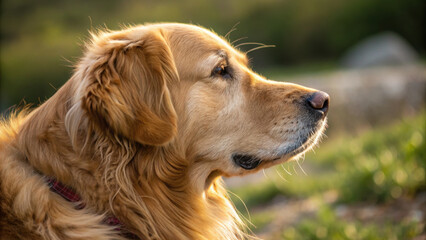 Obraz premium Golden retriever gazes thoughtfully into distance, showcasing its soft fur and gentle expression. warm sunlight highlights dog features, creating serene atmosphere