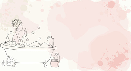 Woman relaxing in bathtub with bubbles and skincare products  