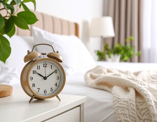 Alarm clock on a nightstand, neutral tone bedroom, morning routine concept