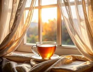 glass cup of tea on a windowsill with sheer curtains, morning sun