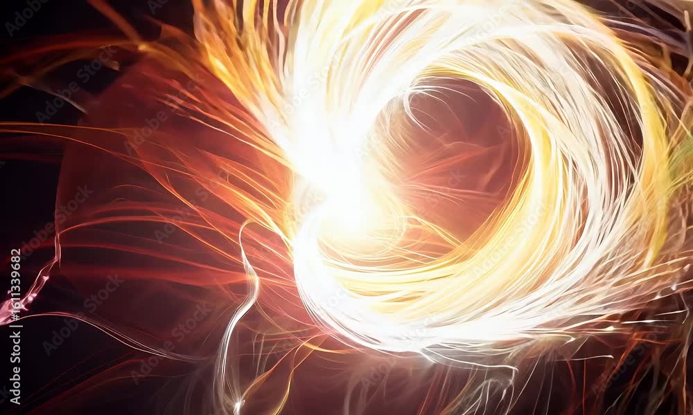 Poster dynamic abstract fire energy flow with glowing orange and red light streaks on black background, cre