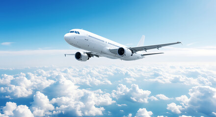Naklejka premium Modern white passenger jet airplane soaring high above a sea of fluffy white clouds against a bright blue sky