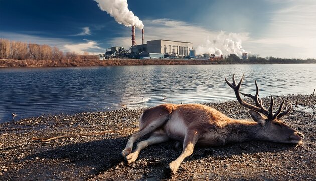 dead deer lying near polluted river with industrial factory polluting the air