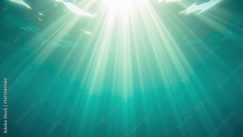 Poster bright sunlight filters through water, creating serene underwater scene with rays illuminating depth