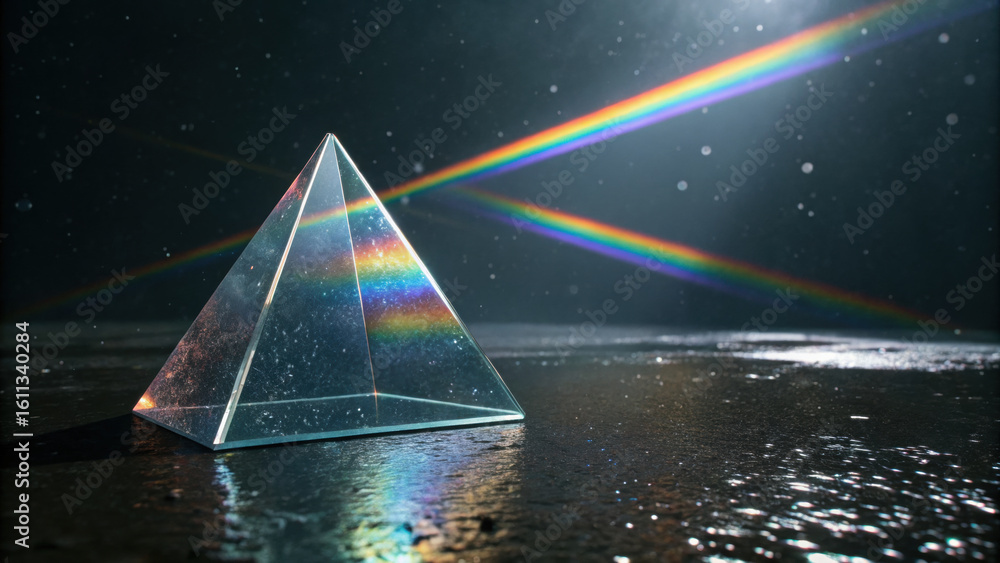 Poster glass pyramid refracts light, creating beautiful spectrum of colors in surrounding mist. scene captu