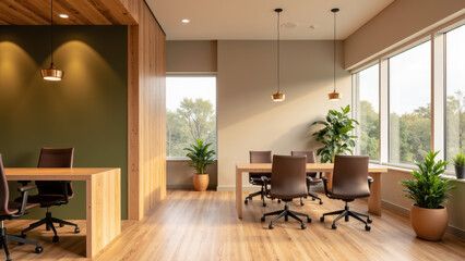 Fototapeta premium Modern office interior design features wooden furniture, plants, and large windows. space is bright and inviting, promoting productivity
