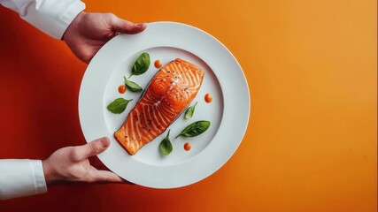 Chef holding a plate with cooked salmon steak, top view