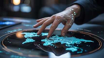 Hand interacting with futuristic holographic world map displaying global connections and data touching