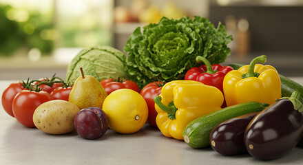 A vibrant assortment of fresh healthy and colorful organic vegetables and fruits arranged on a kitchen countertop for healthy eating