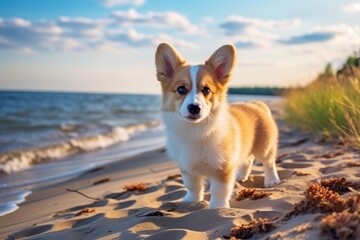 Adorable corgi puppy enjoying a beautiful sunset on a sandy beach