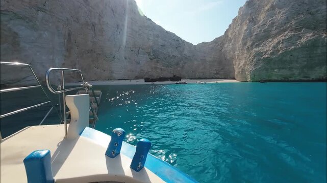 boat sea travel to Navagio Beach, Shipwreck Beach, Zakynthos. Greece