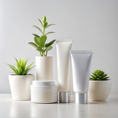 Skincare tubes and jars with potted plants on a clean, neutral surface