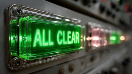 Green illuminated "ALL CLEAR" sign on a control panel indicating normal operation or absence of danger.