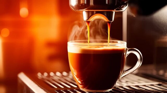 Professional coffee machine brewing espresso, coffee pouring into small mug, copy space