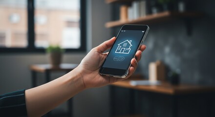 Hand Holding Smartphone Showing House Icon in Modern Indoor Setting