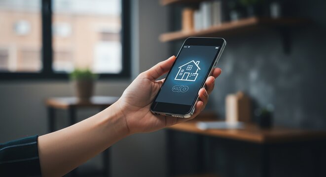 Hand Holding Smartphone Showing House Icon in Modern Indoor Setting