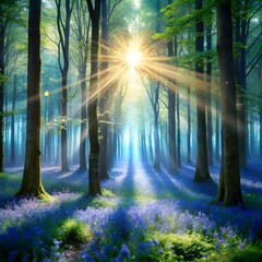 Sunbeams pierce through the canopy of a lush forest, illuminating a carpet of bluebells
