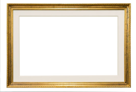 Artistic gilded antique picture frame with passepartout on transparent background.