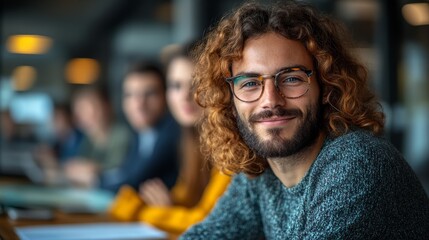 A young man with curly hair and glasses smiles confidently in a collaborative office setting, engaged in teamwork